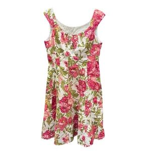 Women's S-M White Pink Green Floral A-Line dress Cotton Sleeveless Pastel Cute